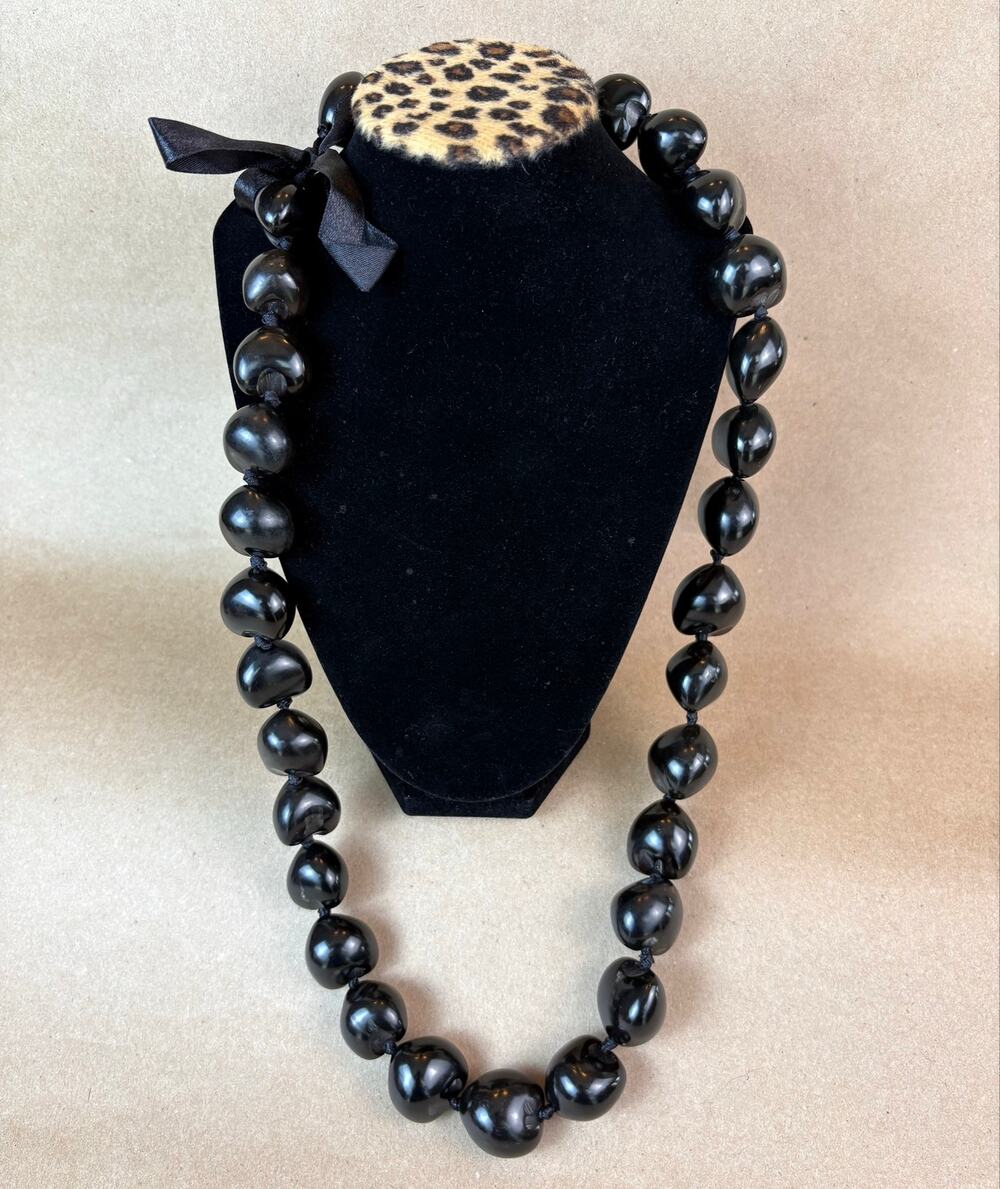 Vintage Hawaiian Black Kukui Nut Lei Necklace Black Ribbon Accent